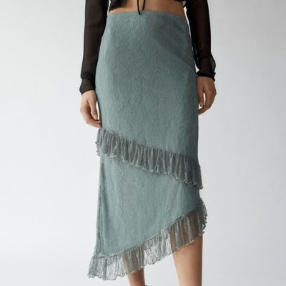 Urban Renewal Remnants Lace Ruffle Hem Maxi Skirt Light Green L